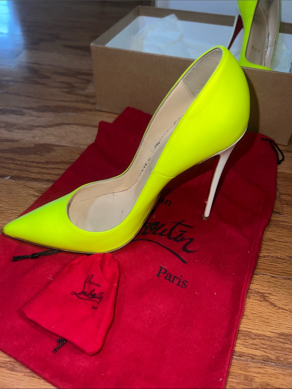 Christian Louboutin Neon Yellow Patent Pumps. originally $695.00. - Picture 3 of 11